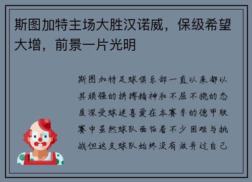 斯图加特主场大胜汉诺威，保级希望大增，前景一片光明