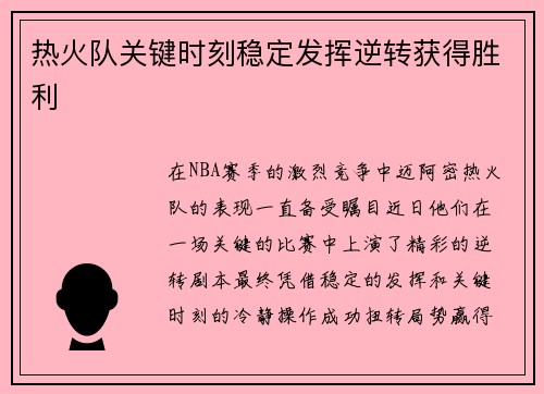 热火队关键时刻稳定发挥逆转获得胜利