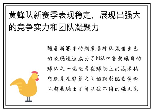 黄蜂队新赛季表现稳定，展现出强大的竞争实力和团队凝聚力