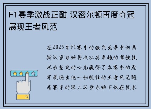 F1赛季激战正酣 汉密尔顿再度夺冠 展现王者风范