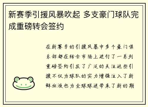 新赛季引援风暴吹起 多支豪门球队完成重磅转会签约