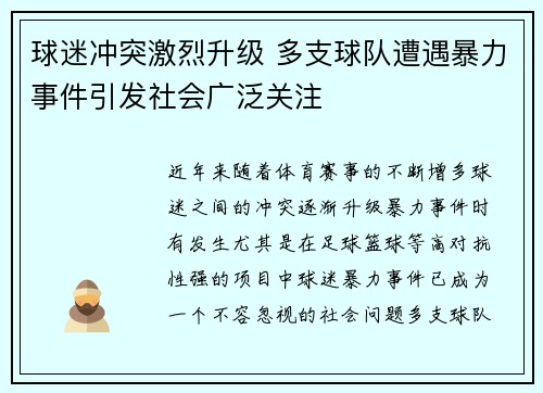 球迷冲突激烈升级 多支球队遭遇暴力事件引发社会广泛关注